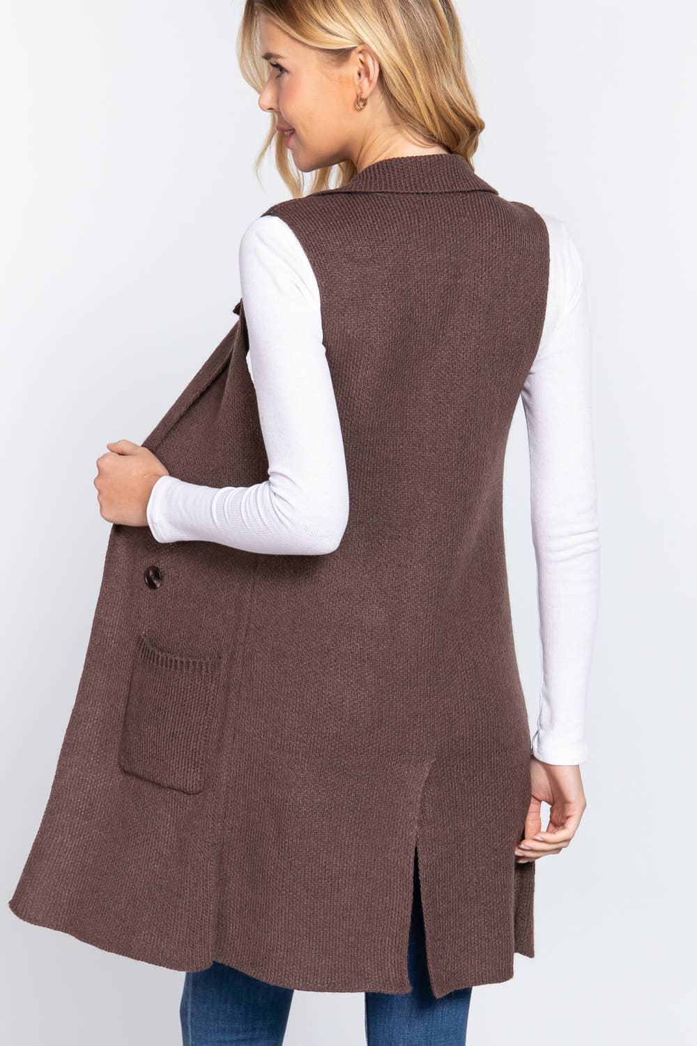 Active Basic | Active USA - Wholesale Outerwear Vest - Women's - Sleeveless Notched Collar Long Sweater Vest31
