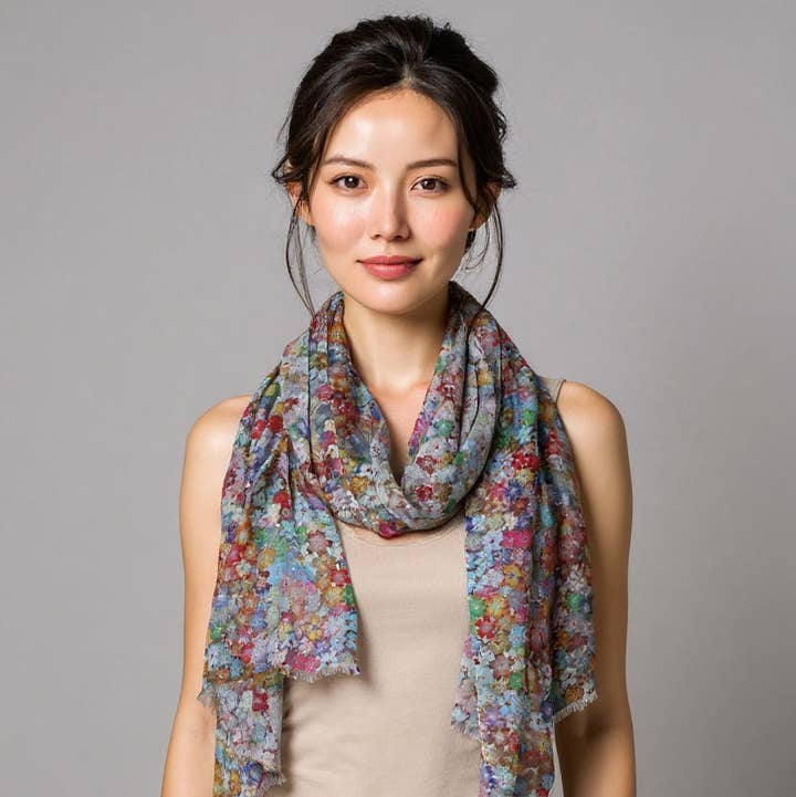 Namaskar Australia - Wholesale Scarf - Women's - Millefiori Blossom Multicolour Abstract Floral Merino Wool Silk Designer Scarf | Vibrant Artistic Wrap0