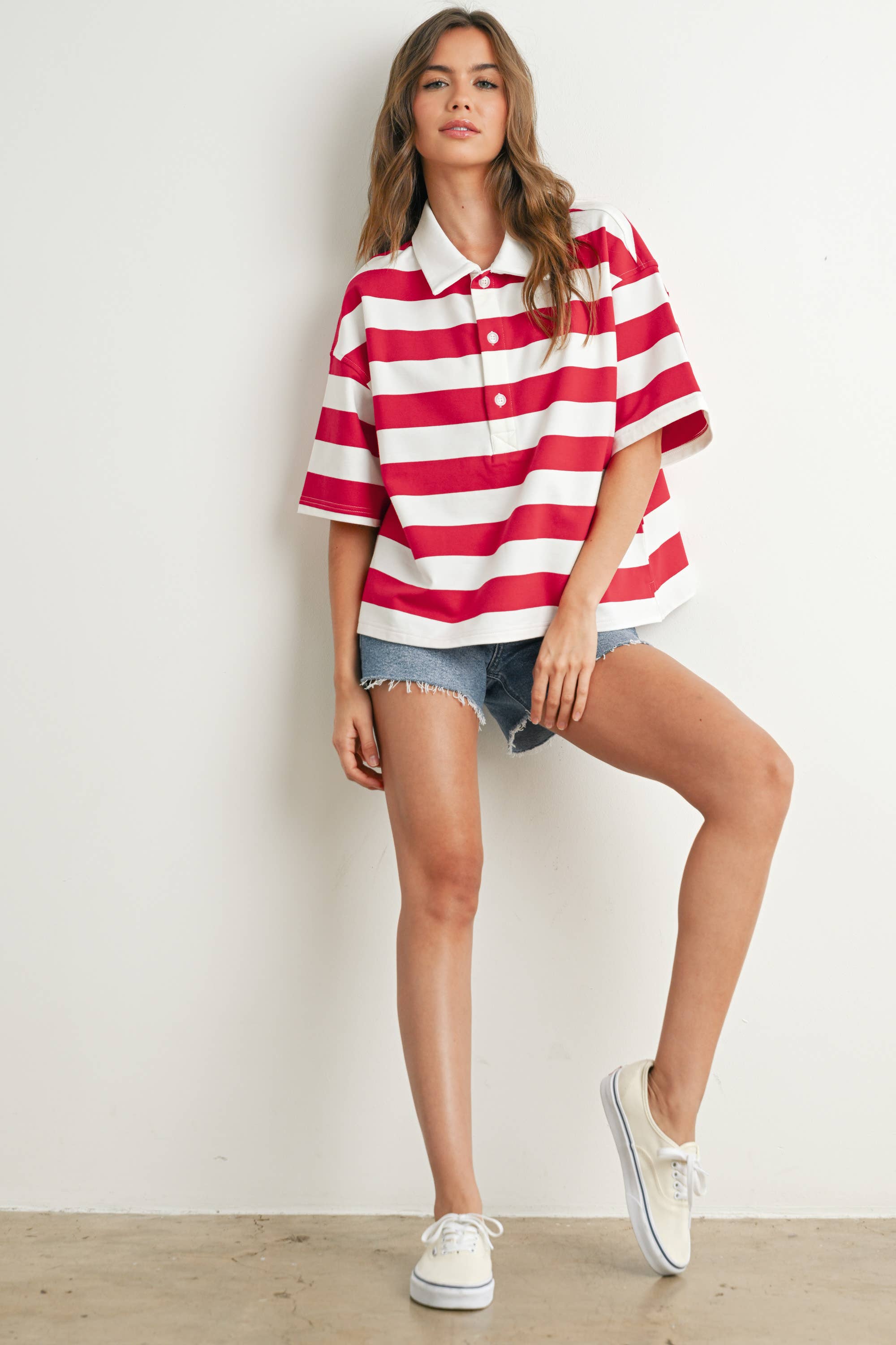 BUTTERMELON - Wholesale Polo - Women's - Striped Oversized Polo Shirt - BMT771012
