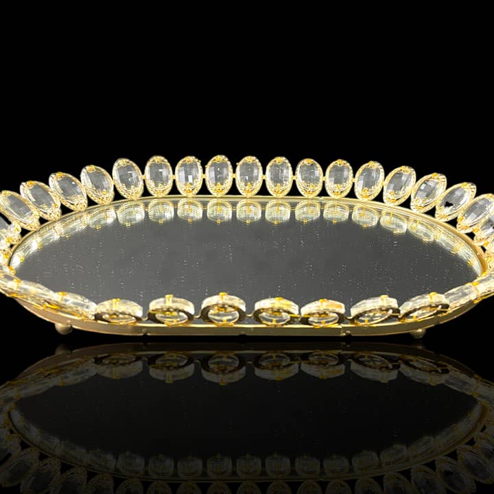 Gold Metal Oval Crystal Embellished Serving Tray for wholesale by Decor N Beyond