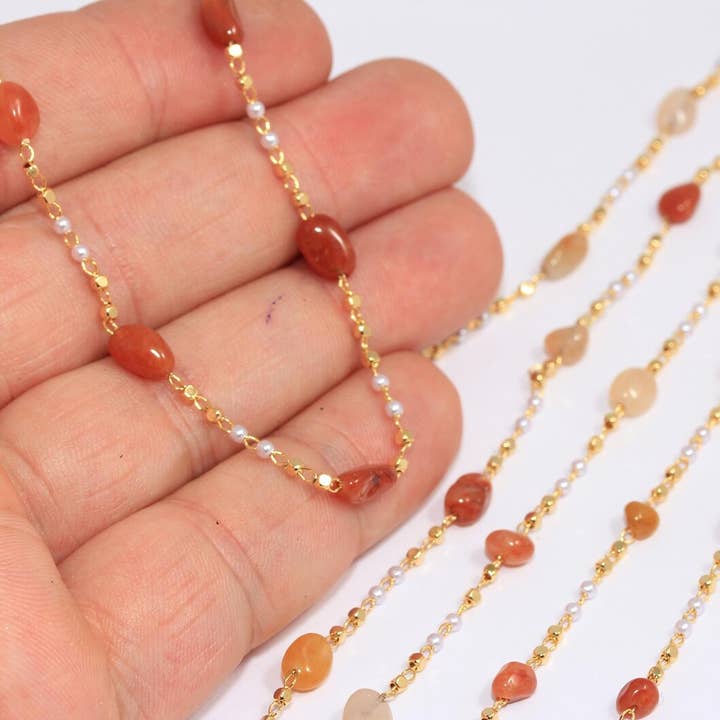 4mm Shiny Gold Red Stone Beaded Rosary Chains, BXB116-5 for wholesale by QueenJewelryM