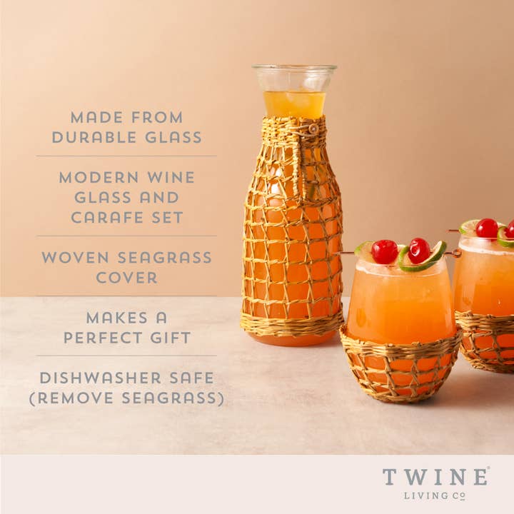Twine - Wholesale Cocktail/Liquor Glass - Island Carafe & Stemless Glassware w/Seagrass Wrap -Set of 3