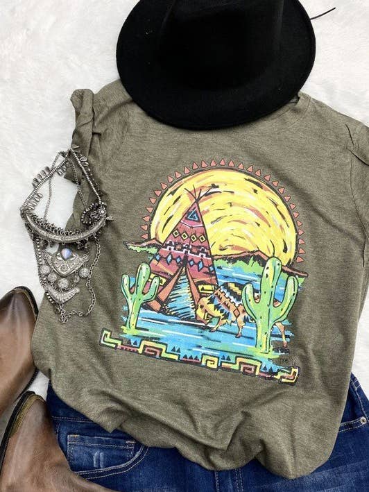 LBL Sunset Teppee Cactus, Western, Sunset Graphic Tshirt for wholesale by L&B Life