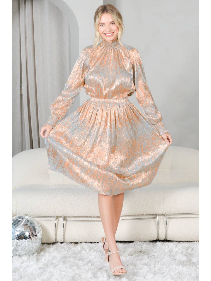 Rose Gold Metallic Pleated Chiffon Sparkly Midi Skirt Elastic Waist for wholesale on Faire