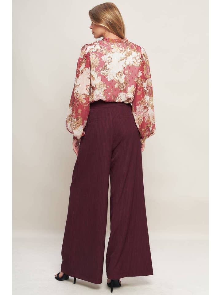A soild woven wide leg pant - IP8636 BURGUNDY for wholesale on Faire5