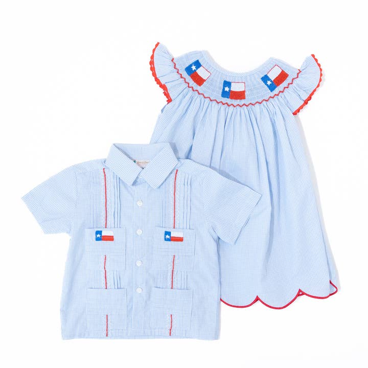 Boots & Bows Smocking Co - Wholesale Button Down Shirt - Kids - Boys Texas Flag Guayabera Shirt