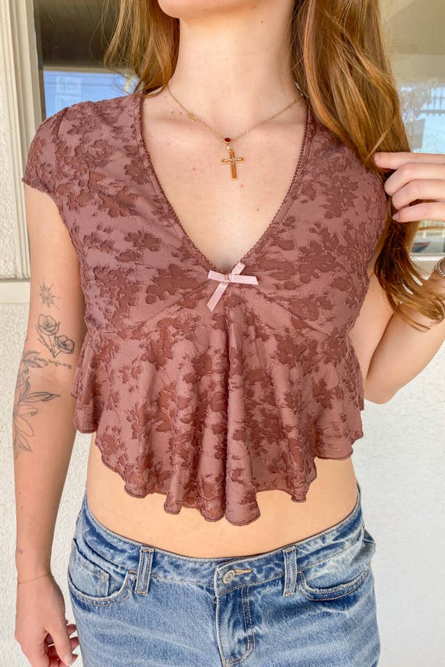 Nectar Clothing – Blusa - Mulher por atacado – Top Texturizado com Mangas Curtas Florais3