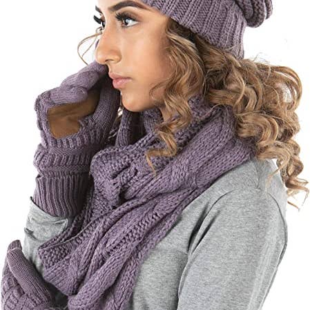 Funky Junque - Wholesale Winter Accessory Set - Women's - C.C Oversized Beanie, Glove & Scarf set - Violet