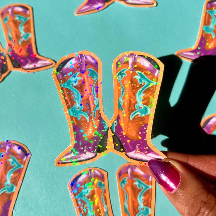 Cowboy Boots Holographic Vinyl Sticker for Laptops & Bottles for wholesale by by Rosybum