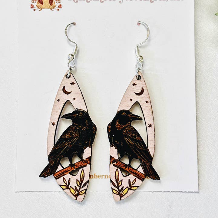 Raven Earrings, Crow Earrings, Handmade, Birch Wood for wholesale by Remember November, Inc