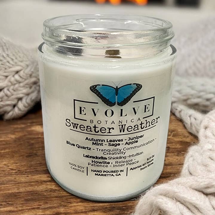Evolve Botanica - Wholesale Jar/Filled Candle - Classic 9oz Jam Jar Crystal Soy Candle - Sweater Weather