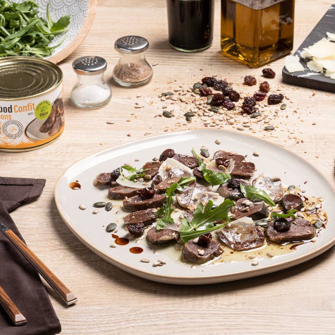 FoieGood - The Foie Gras Alternative - Vendita all'ingrosso Pasti pronti a lunga conservazione - MEZZELUNE CONFIT 320 g - Ventricini di Anatra