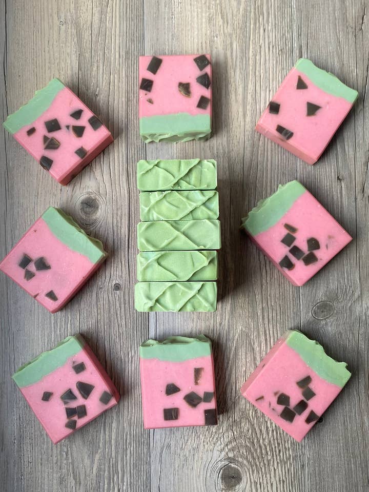Wonky Watermelon Goat Milk Soap for wholesale by Wild Rye Soapery
