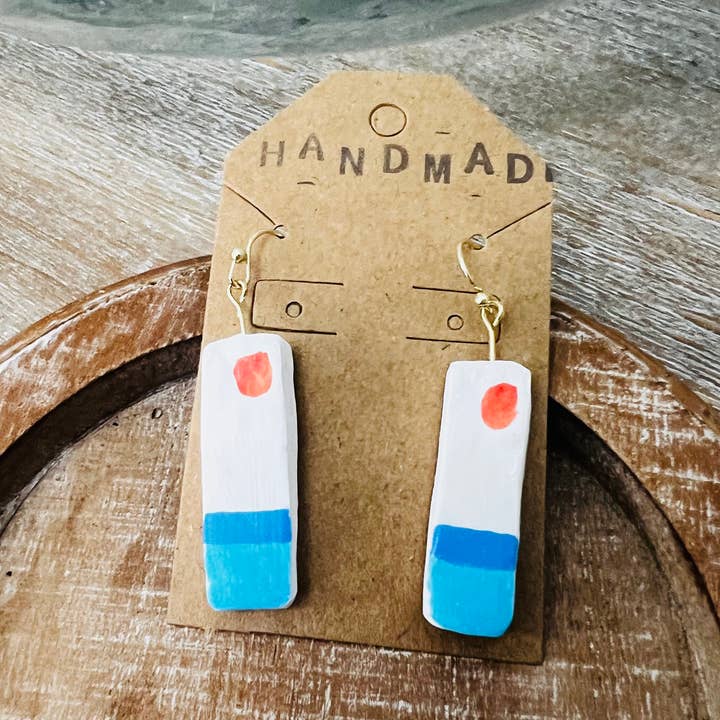 Handmade Clay Earrings - Rec Blue Stripe orange sun for wholesale by Keely Siebenthal Art & Designs