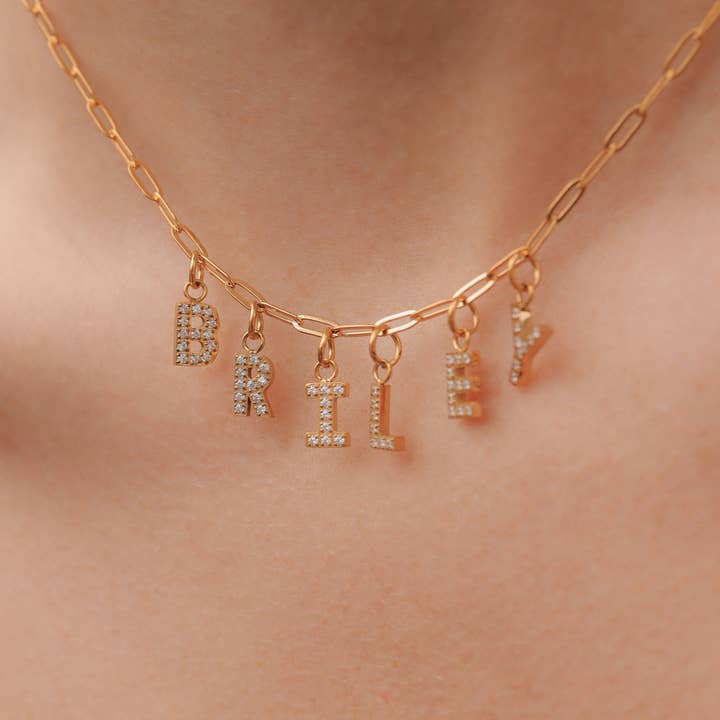 WJW - Wholesale Individual Charm/Pendant - Gold Pavé Set CZ Initial Letter Charms