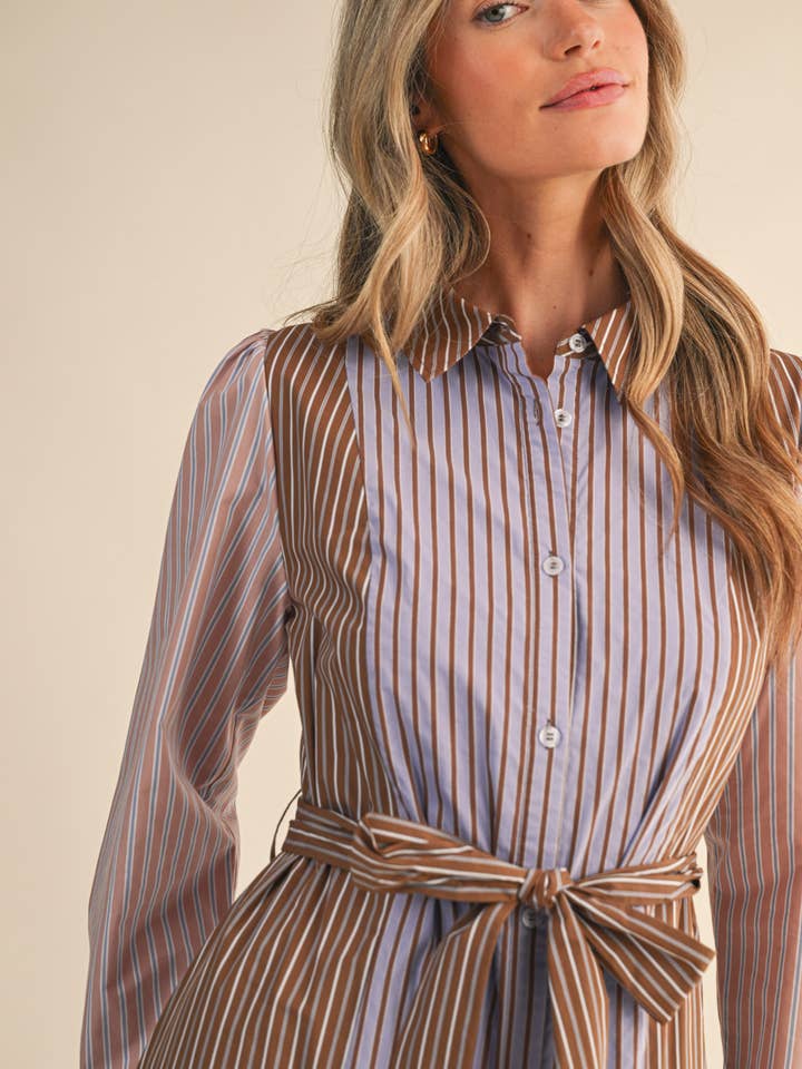COCOA BLUE MULTI MIXED STRIPE BELTED BUTTON DOWN MIDI DRESS MDR4303 for wholesale on Faire1