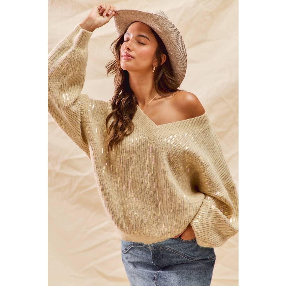 IVE - Vente Pull en maille – femme - Haut Pull de Noël à Col en V avec Paillettes Transparentes de Vacances13