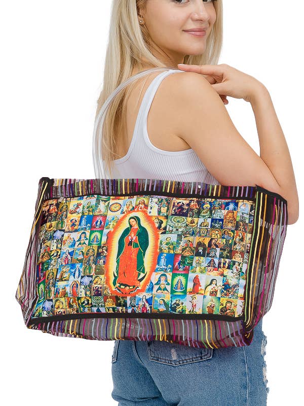 Our Lady of Guadalupe Collage Stripe PVC Handle Mesh Tote for wholesale by Cap Zone