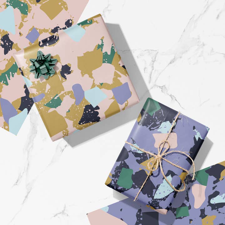 Terrazzo Chips lila och rosa återvunnet omslagspappersark för wholesale av MASU