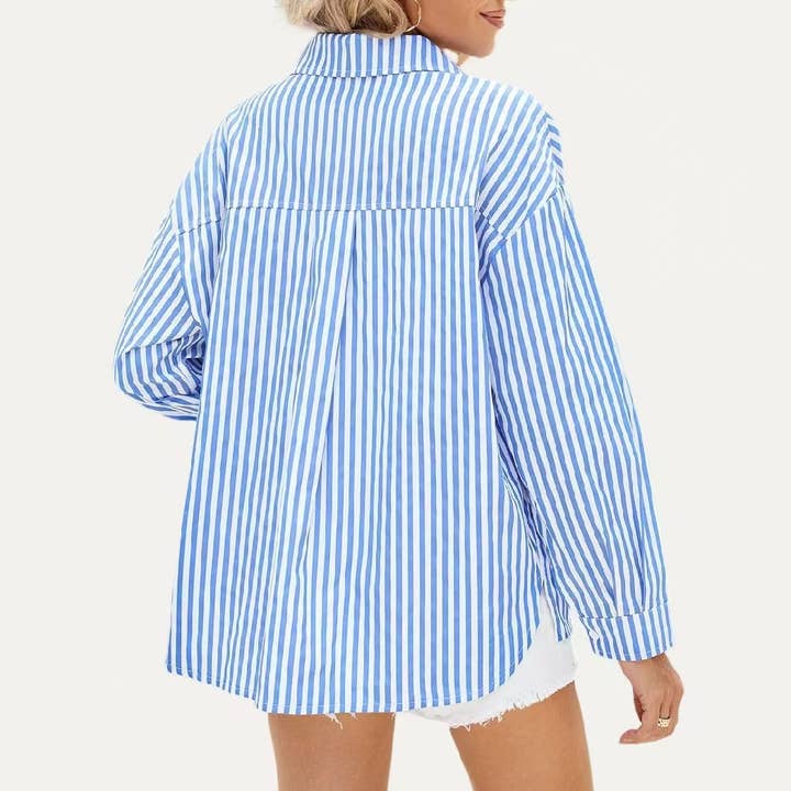 The Moment Collection - Wholesale Button Down Shirt - Women's - Classic Striped Print Collared Neck Button Up Boxy Shirt5