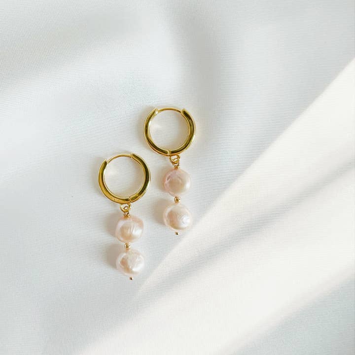 Chiara Freshwater Pearl Huggie Hoops Earrings Gold Filled for wholesale by True by Kristy Jewelry
