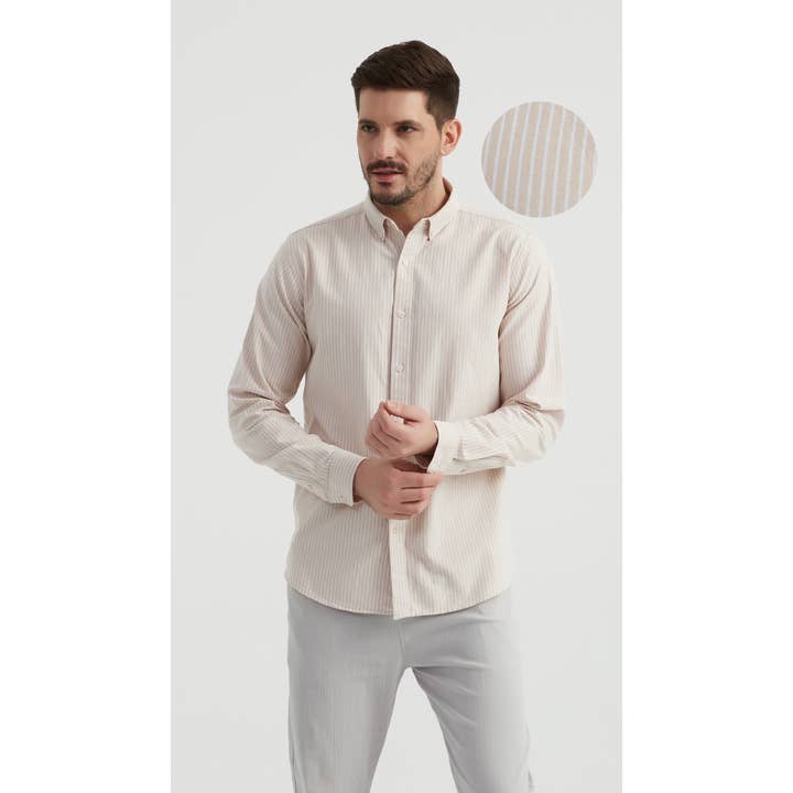 Oxford gestreept overhemd - Beige & Wit voor wholesale door Yves Enzo