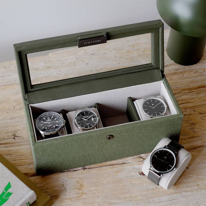 Stackers – wholesale Jewellery box/organiser – Khaki Green Canvas 4pc Watch Box