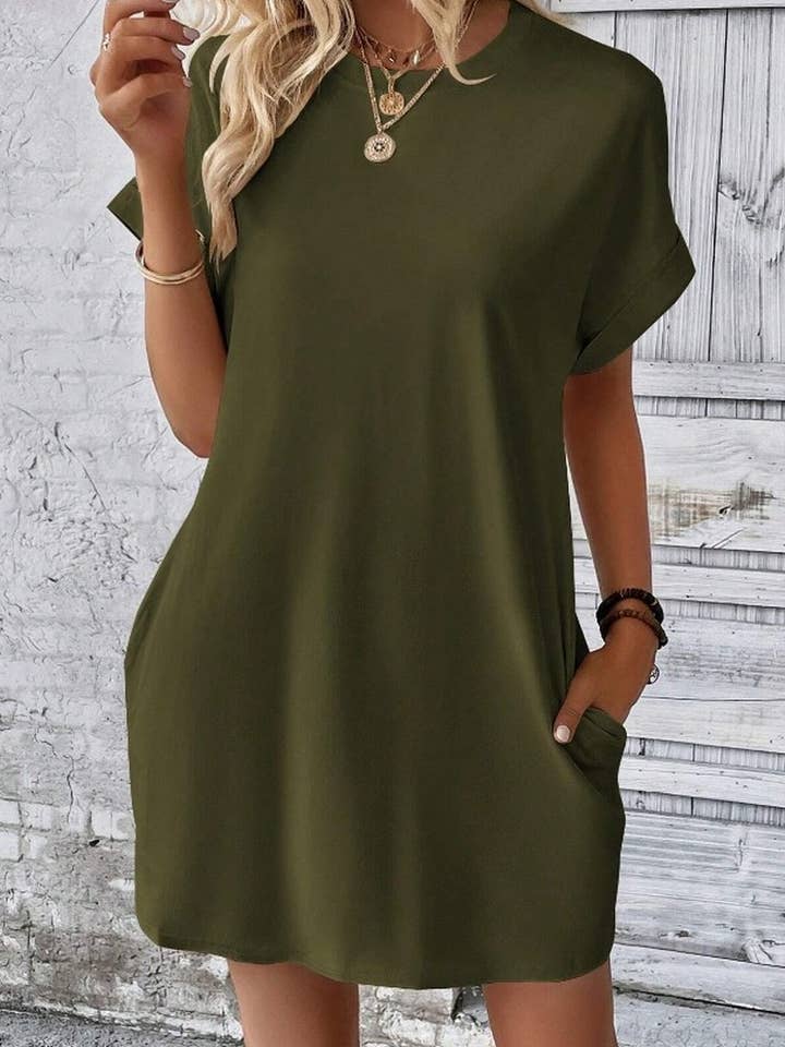 NINEXIS - Vente Robe – femme - CWDSD3628_ROBE COURTE À COL ROND ET POCHES AMPLES DE COULEUR UNIE5