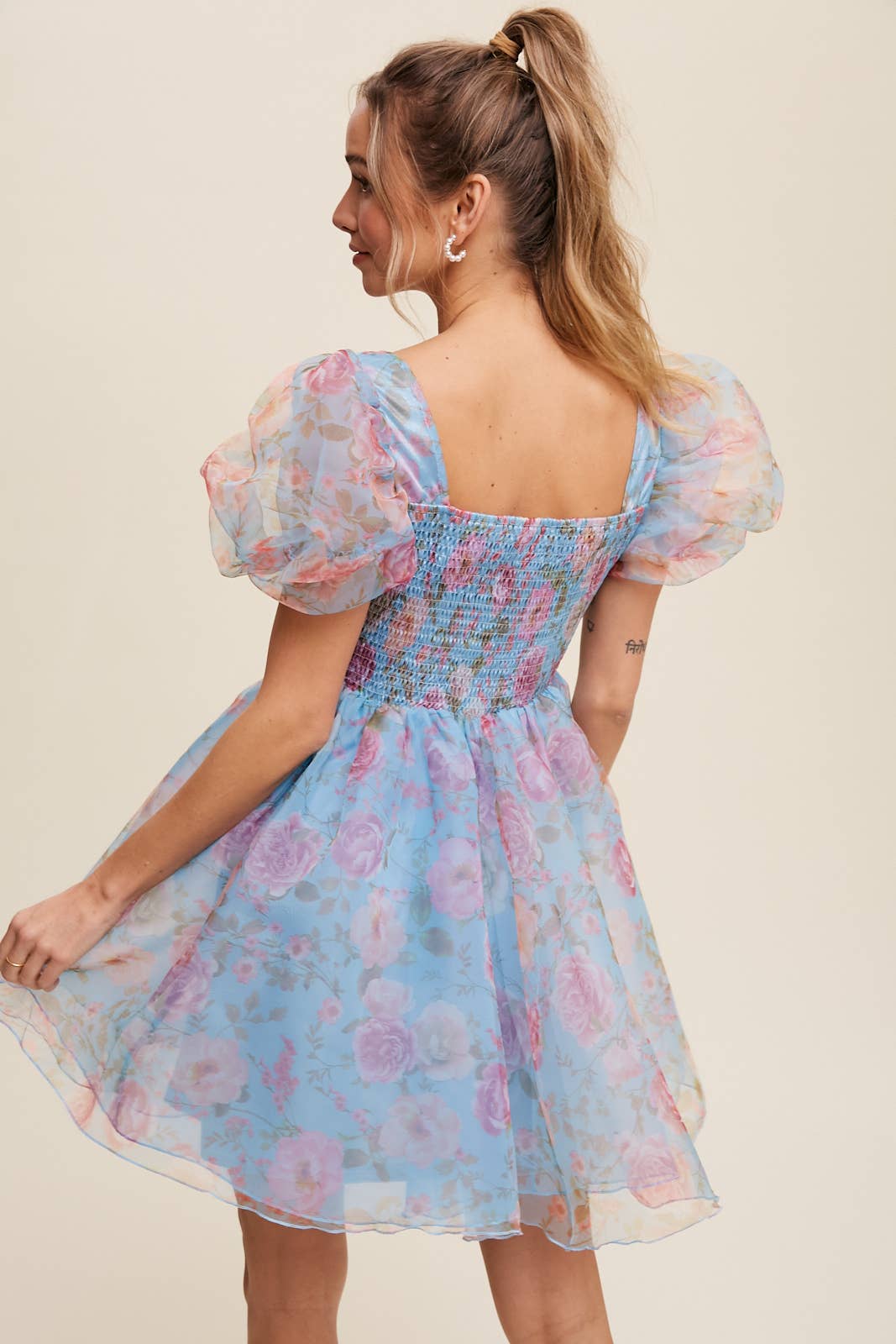 Listicle - Wholesale Dress - Women's - Floral Puff Sleeve Organza Mini Dress10
