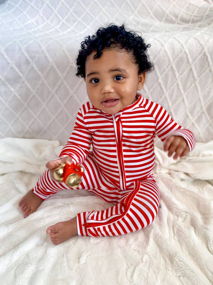 Jensens Jammies - Wholesale Jumpsuit - Baby - Red Stripes Bamboo Zippy Romper