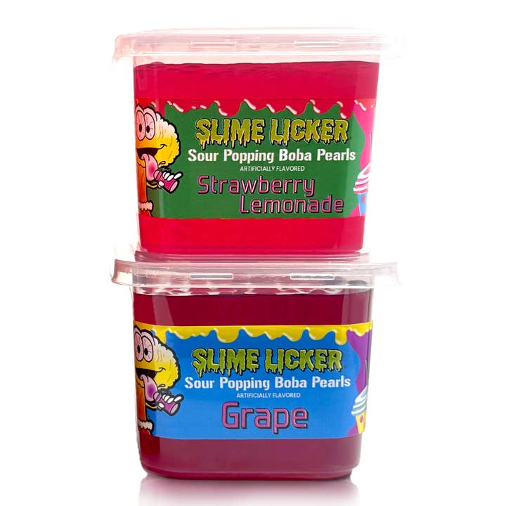 Grandpa Joe's Candy Shop - Wholesale Snack bar - Slime Licker Sour Boba Pearls 2/11oz Tubs 6ct StrawLem/Grape1