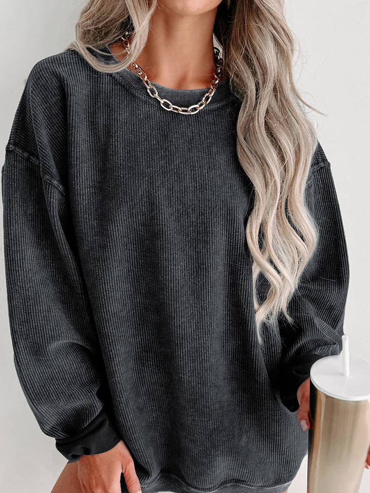 FULL TIME PURCHASE - Wholesale Sweatshirt - Women's - Solid Ribbed Knit Round Neck Pullover Sweatshirt