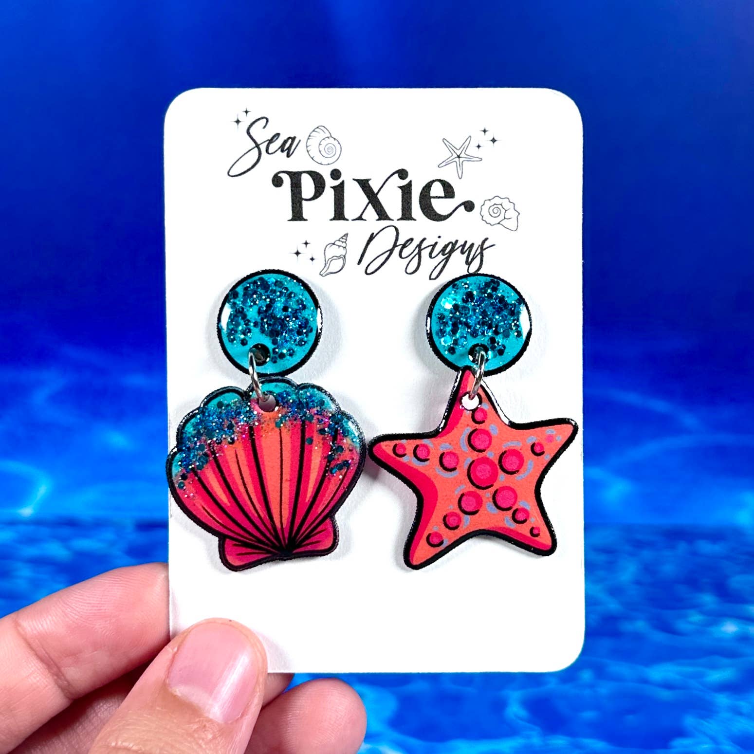 Sea Pixie Designs – wholesale Dangle earrings – Glitter Starfish & Shell Mismatch Dangle Earrings, Coastal0