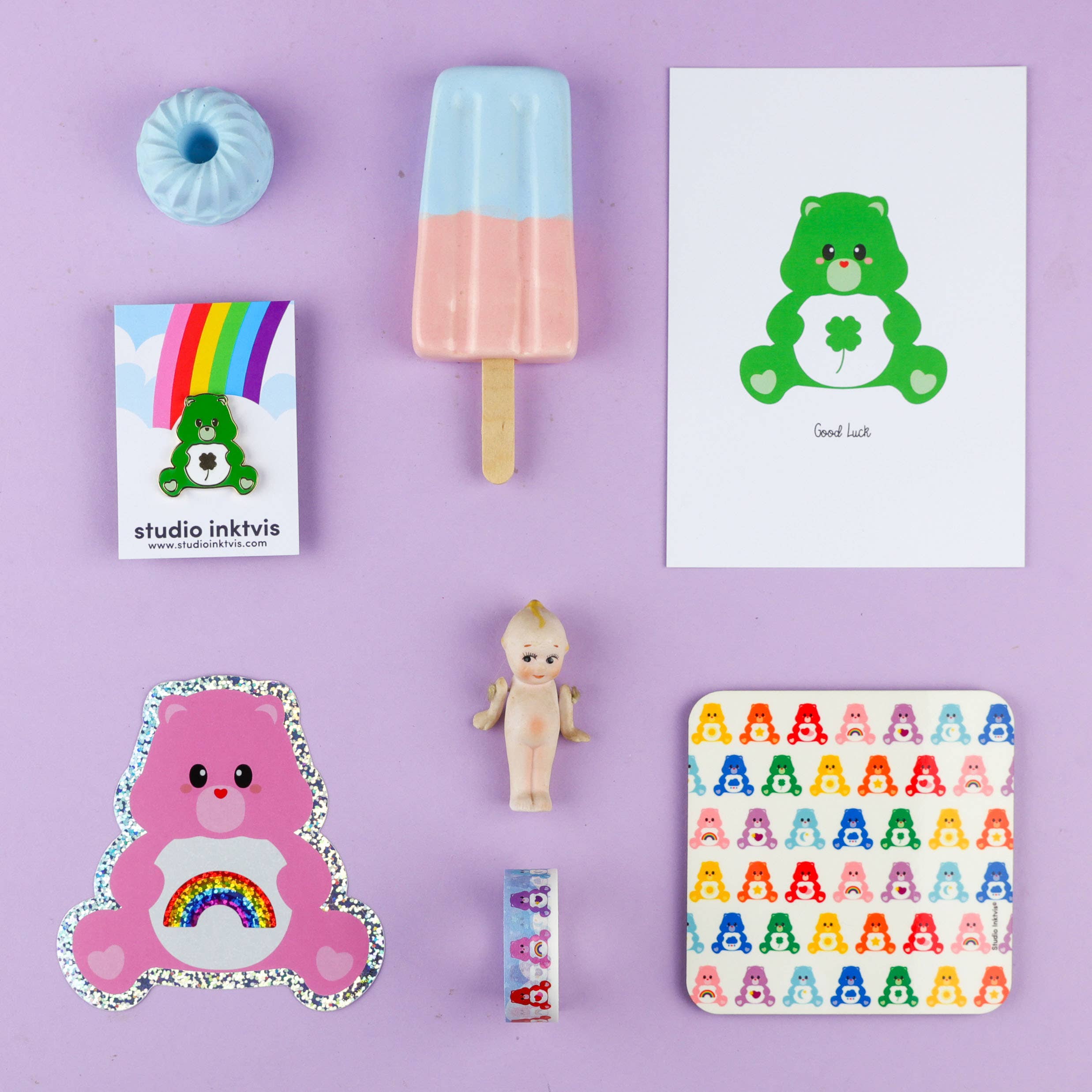 Studio Inktvis - Vente Autocollant - Autocollant à paillettes Care bear Sending arc-en-ciel3