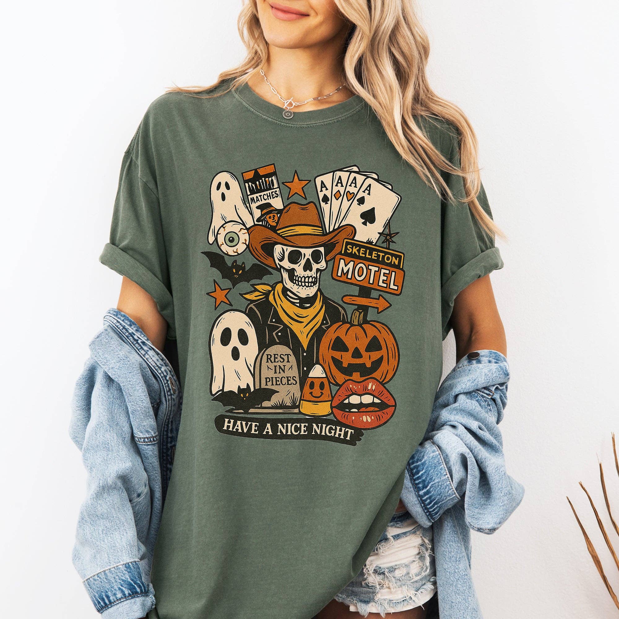 Refinery Number One LLC - Vente T-shirt à imprimés – unisexe - T-shirt rétro squelette motel, classique, vintage Halloween4