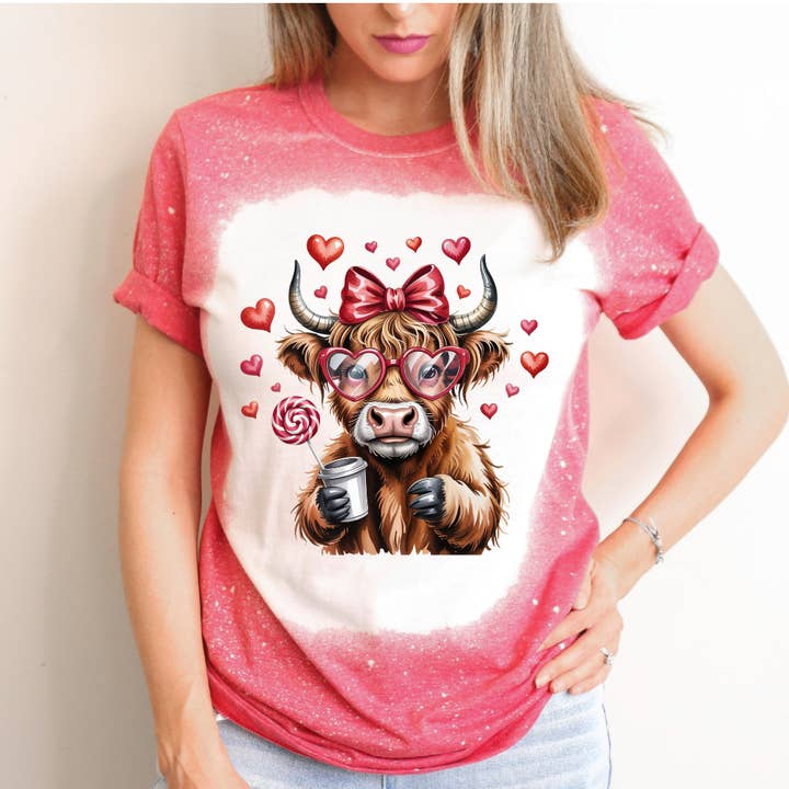 Cute Cow With Coffee Bleached Valentines Day Tee for wholesale by Hello Gorgeous Apparel