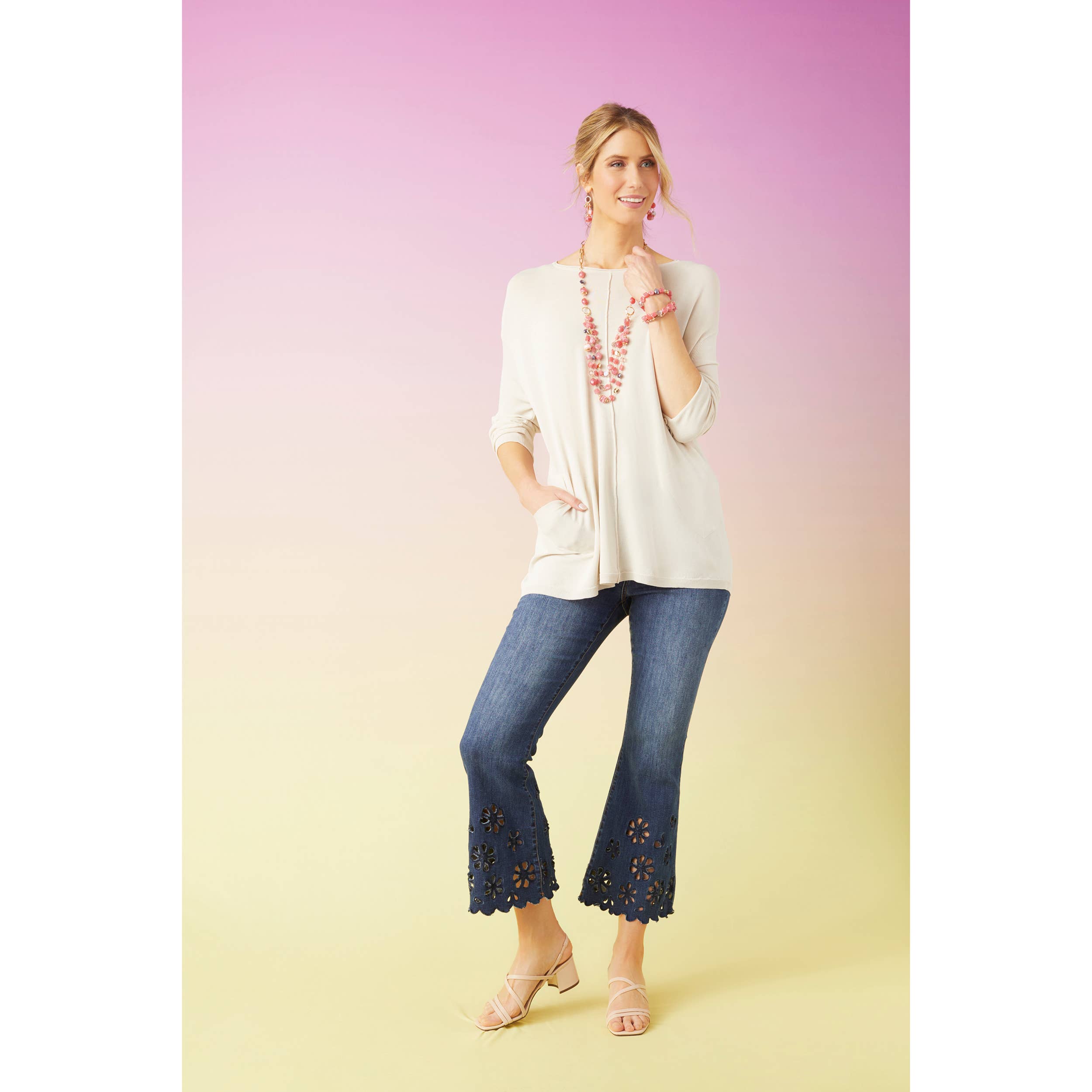 Indigo Dark Denim Bambu Soft Flare Ankle with Eyelet Flowers for wholesale on Faire3