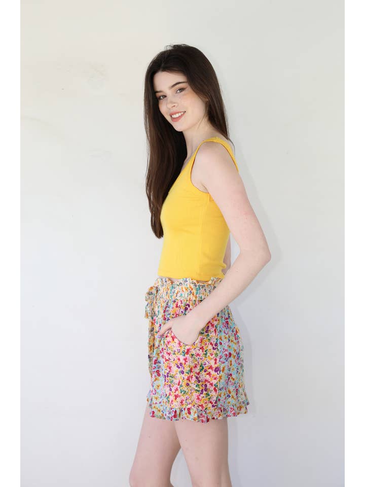 ANGIE - Wholesale Shorts - Women's - BS878-A814 TWIN PRINT ELASTIC WAIST WITH TIE SHORTS