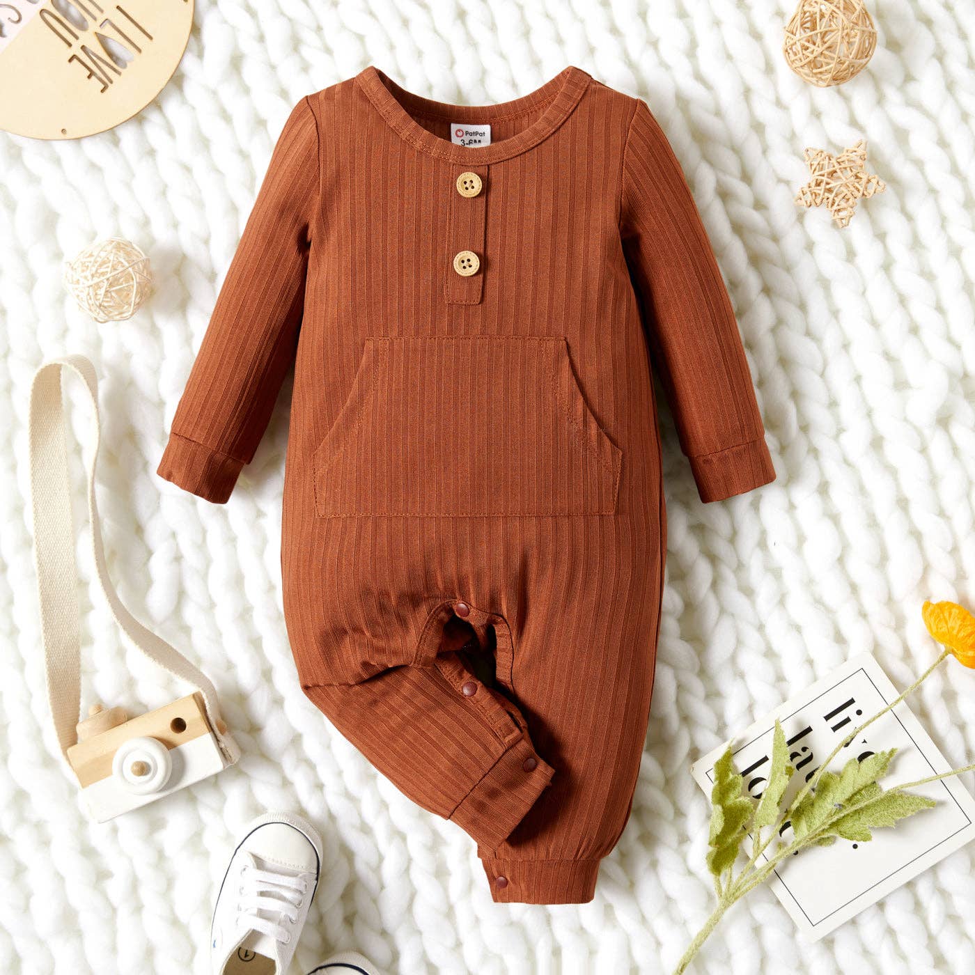 PatPat – wholesale Byxdress - Baby – Baby Boy Enfärgad Ribbad Långärmad Jumpsuit med ficka1