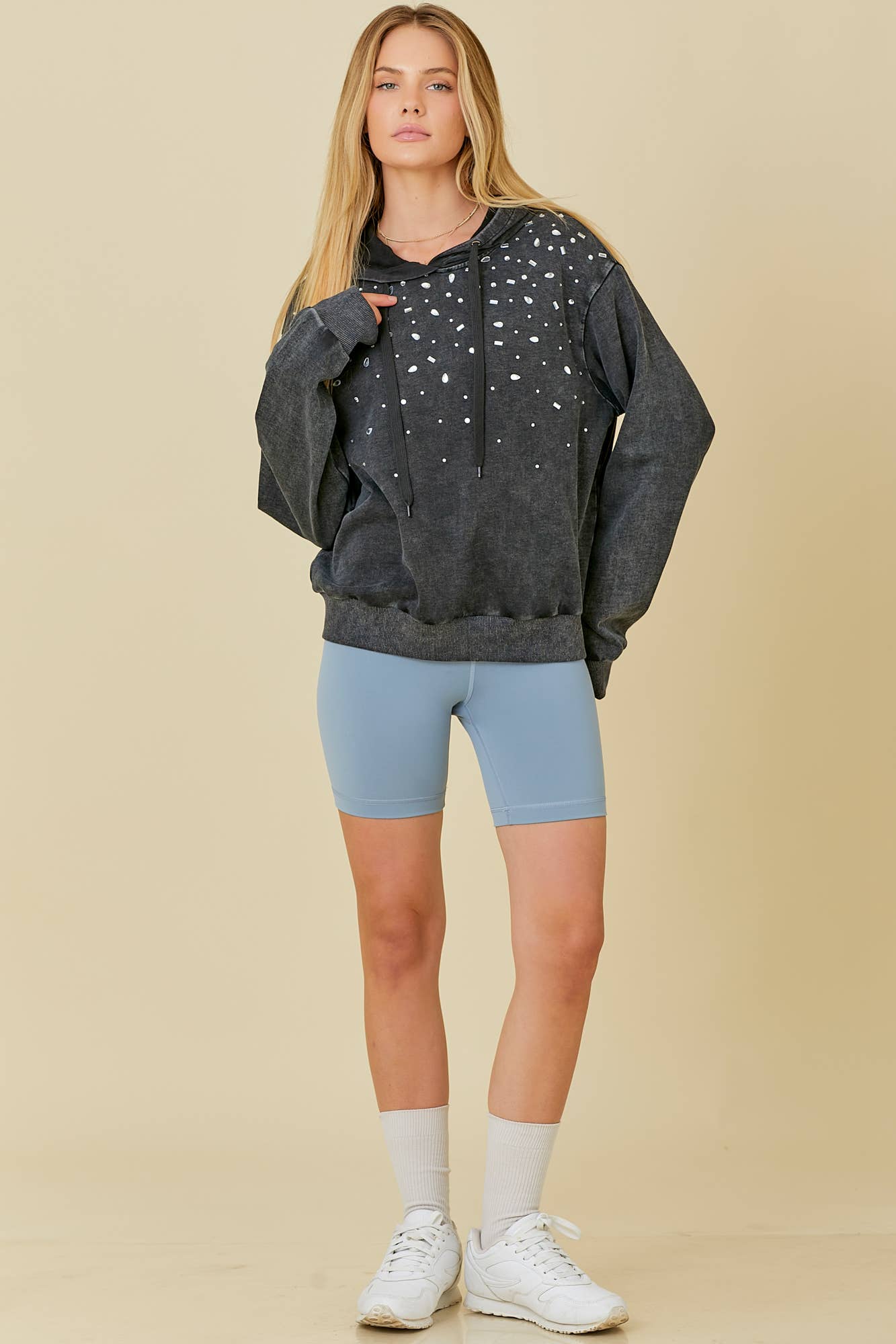 BLACK Washed Hoodie With All Over Rhinestone Detail for wholesale on Faire13