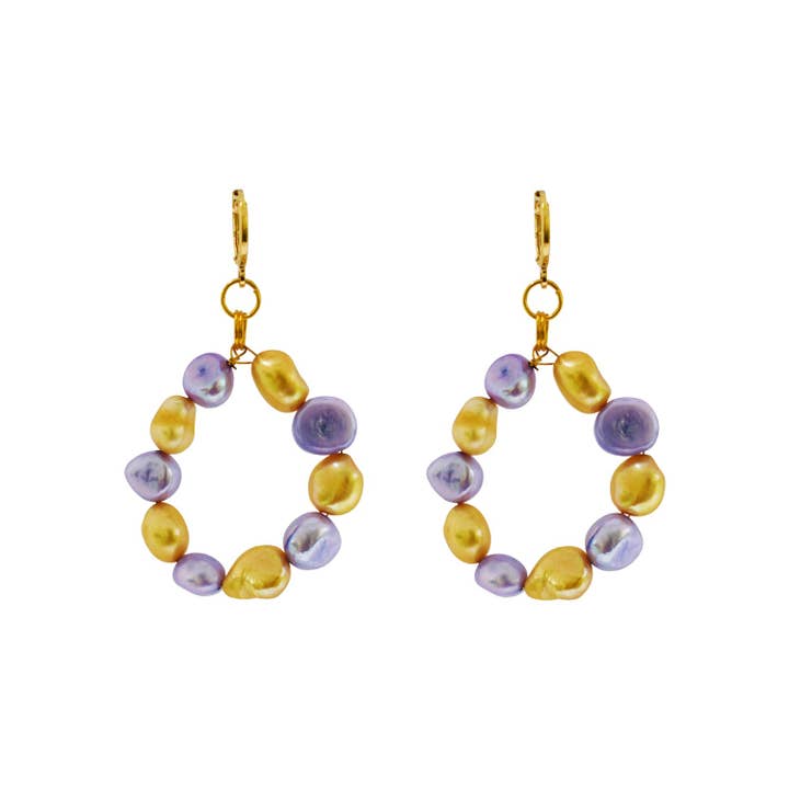 Gold and purple freshwater pearl hoop earrings | by Ifemi Je for wholesale by Ifemi Jewels