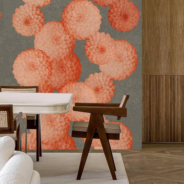 Daria Petrilli - Wholesale Wallpaper - SMALL PINK DAHLIA ON ASH SKY WALLPAPER