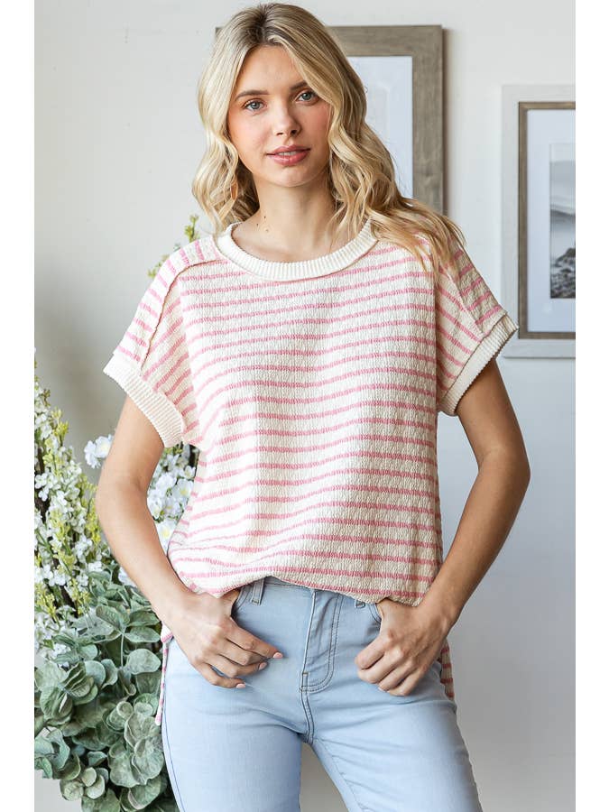 7th Ray - Venta al por mayor Jersey corto de punto - Mujer - Top de manga corta con abertura lateral y textura de rayas T58655