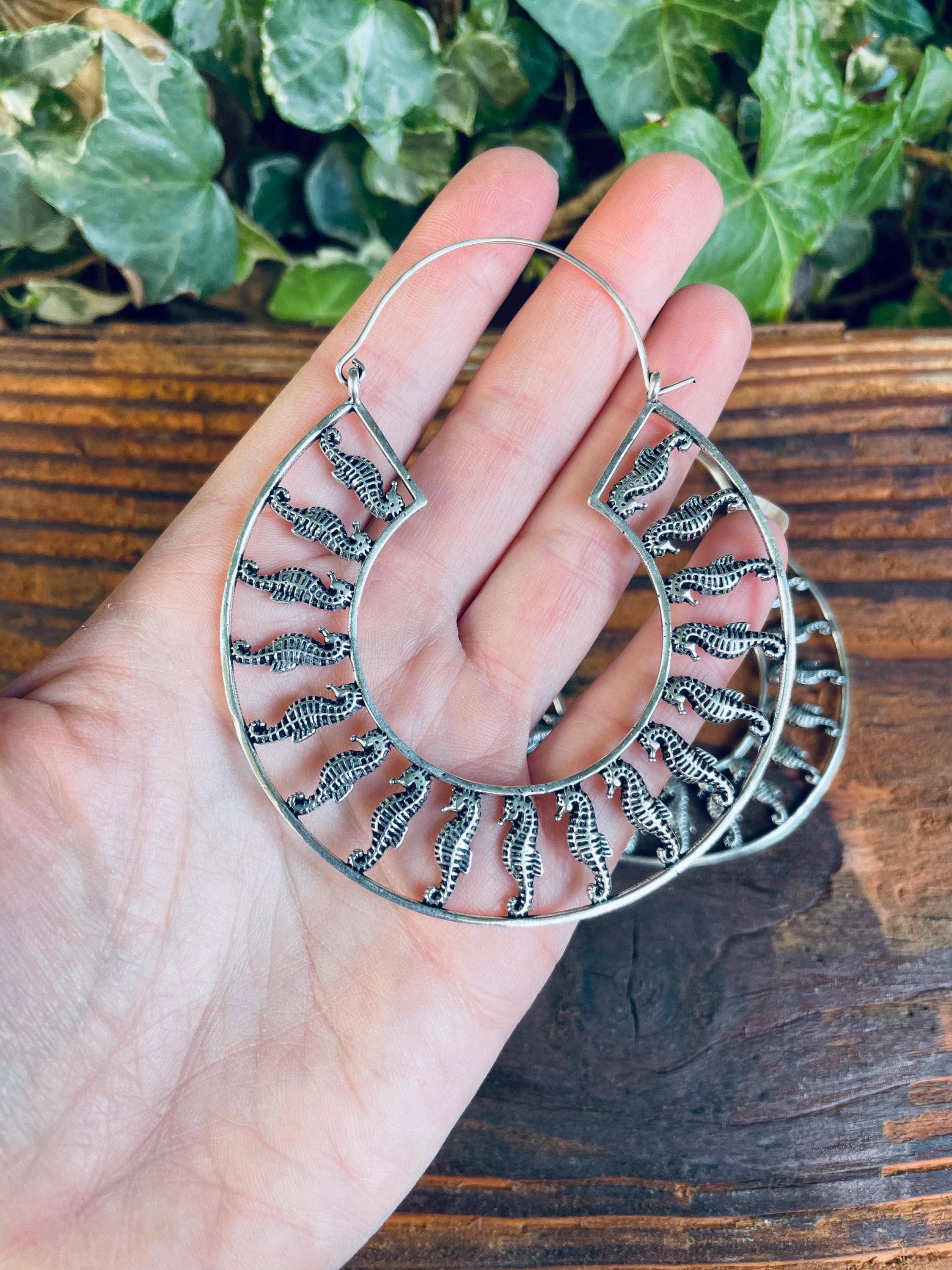 Kaali Boutique – wholesale Hoop earrings – Silver Sea Horse Earrings Extra Large Hoops / Lightweight / Unique Gift / Boho Jewellery / Ethnic / Rustic / Festival / Gypsy / Hippie1