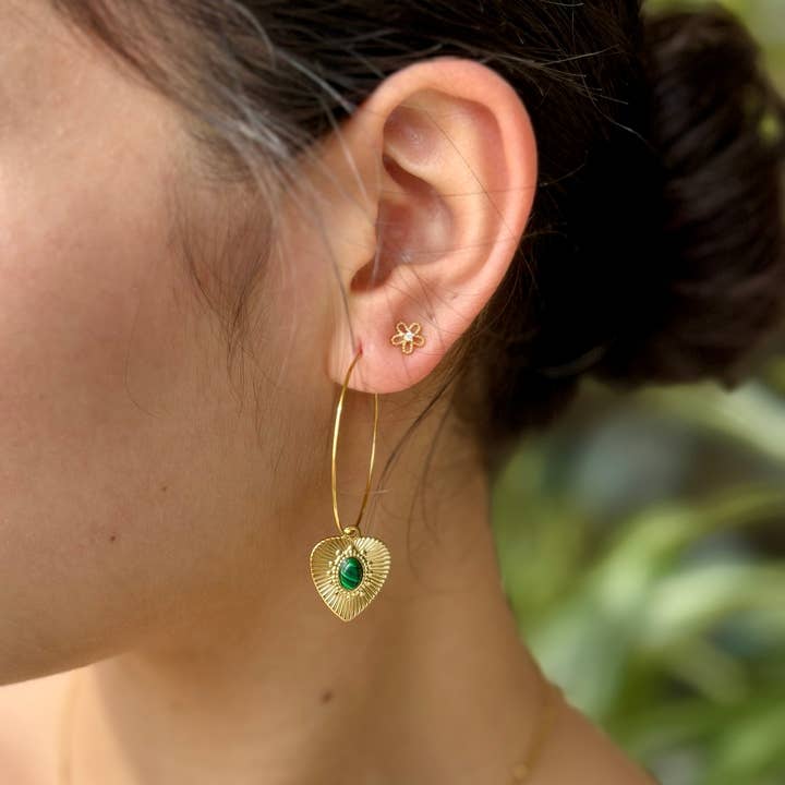 Brincos Argola com Coração de Malaquita Banhados a Ouro 18ct por atacado de Ocean Ripples