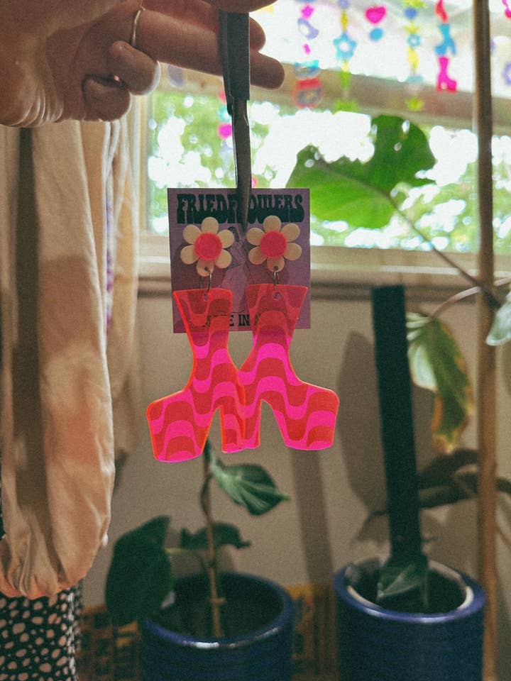 Neon pink 77mm trippy retro inspired Boot earrings for wholesale by friedflowers