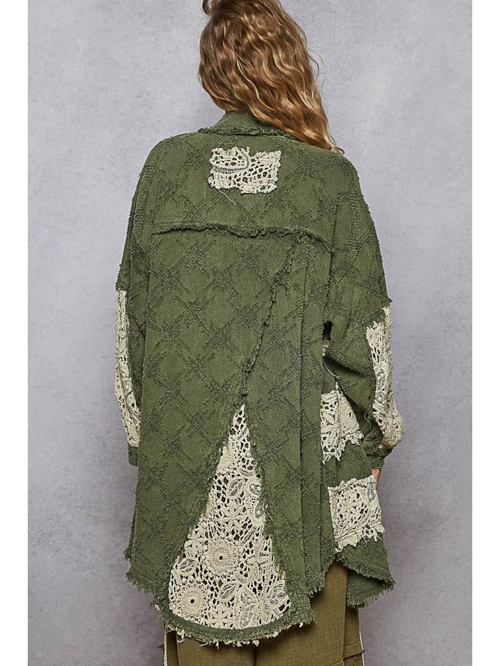 Pol Clothing - Wholesale Shirt Jacket/Shacket - Women's - Vintage washed oversize crochet patches shacket
