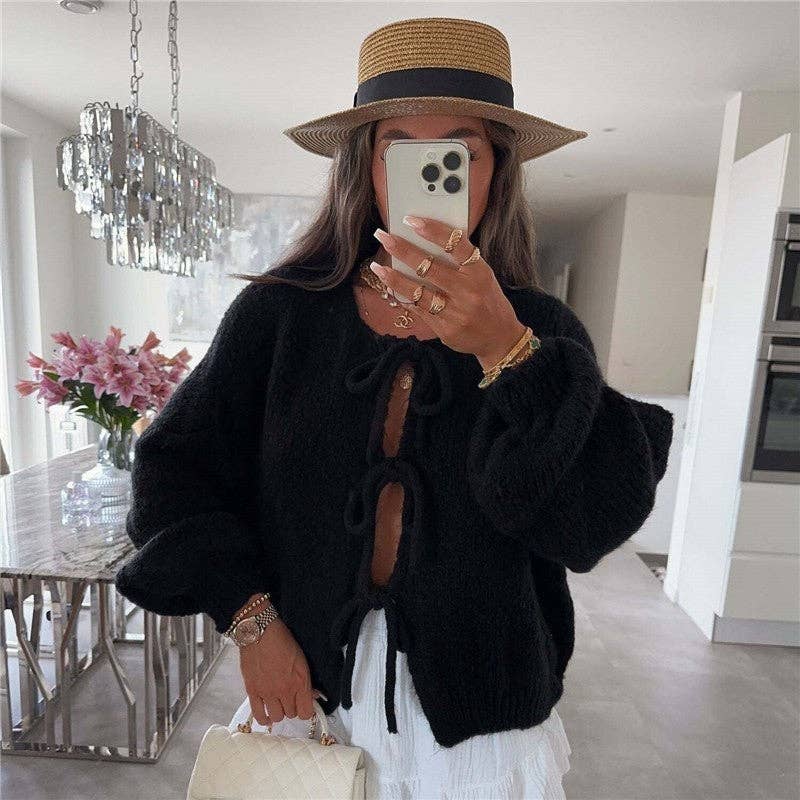 Sheer Trend – Großhandel Strickjacke – Damen – Einfacher Strickjacke mit Bindegürtel und Rundhalsausschnitt0