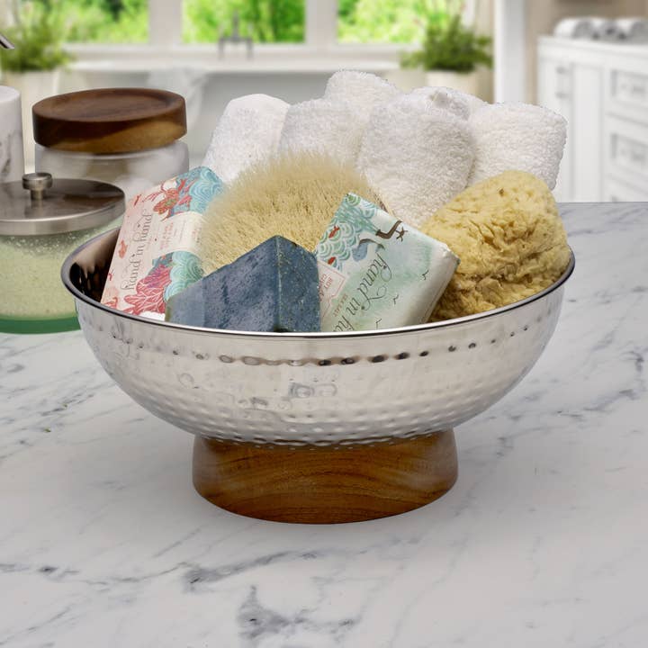 Lifetime Brands Silverwarehouse - Wholesale Serve Bowl - Mikasa Gourmet Basics Radiance Hammer Serv Bowl w/Wood Base2