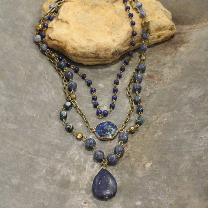 The Primitive Peddler, Inc. - Wholesale Pendant/Charm Necklace - Bohemian Layered Blue Stone & Crystal Necklace